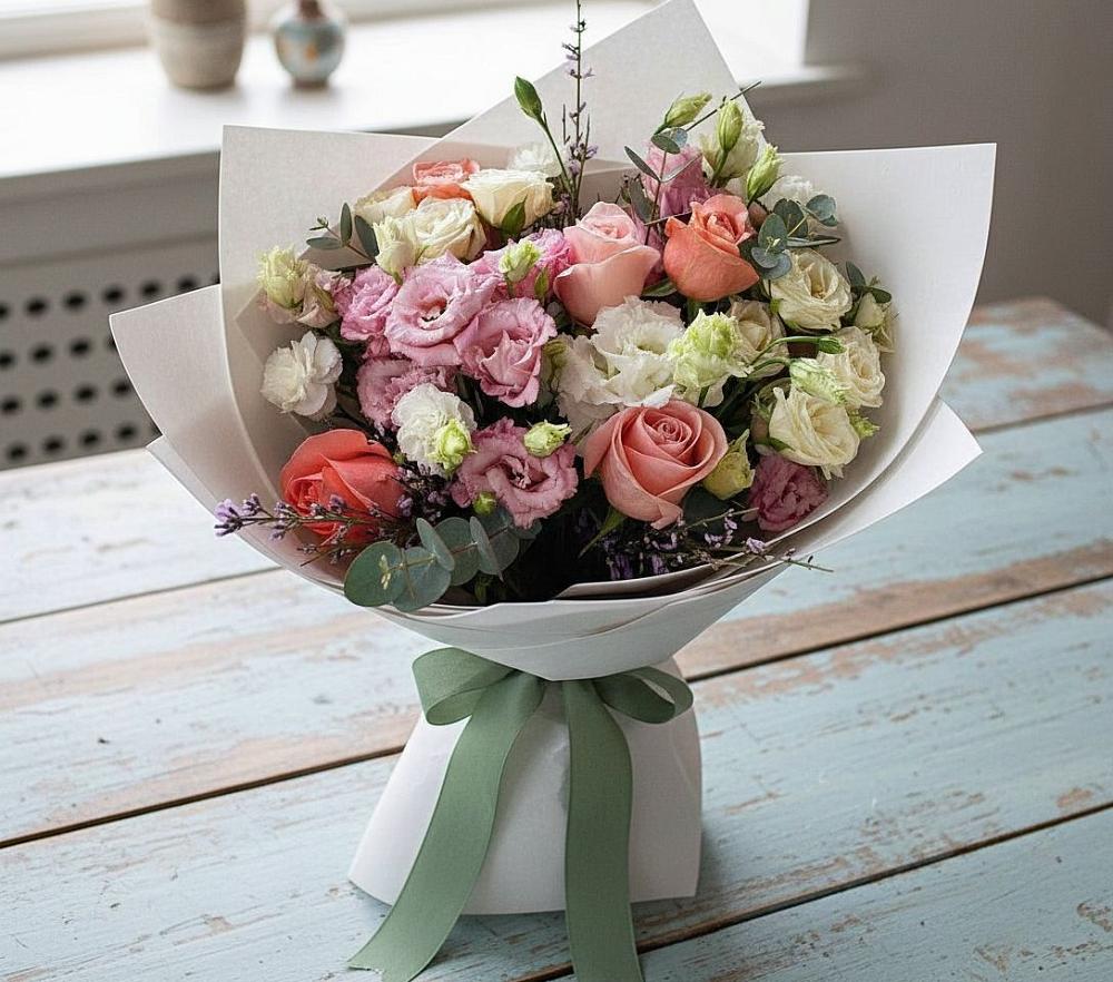 Букет цветов из: Розы, Лизиантусы и Гвоздики в Майкопе